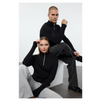 Trendyol Black Cotton Blend Couple Zipper Stand Collar Thin Knit Sweater