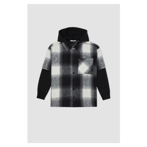 DEFACTO Boy Oversize Wide Pattern Hooded Flannel Long Sleeve Shirt