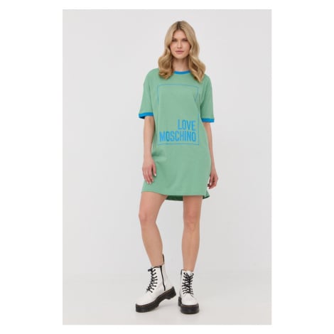 Bavlněné šaty Love Moschino zelená barva, mini, oversize