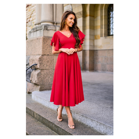 Červené midi šaty s volánovými rukávy