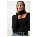Happiness İstanbul Women's Black Cut Out Detailed Stand Collar Ribbed Knitwear Sweater