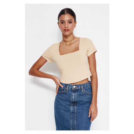 Trendyol Stone Bodice Detail Crop Square Collar Cotton Stretch Knitted Blouse