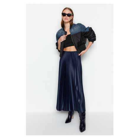 Trendyol Navy Blue Pleated Maxi Stretchy Knitted Skirt