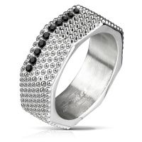 Ocelový prsten - industriální styl, mohutný šroub s výčnělky a černými zirkony