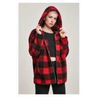 Ladies Hooded Oversized Check Sherpa Jacket - firered/blk