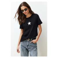 Trendyol Black 100% Cotton Star Printed Regular/Regular Fit Crew Neck Knitted T-Shirt