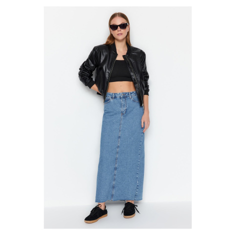 Trendyol Blue High Waist Maxi Denim Skirt with Cutaway Legs