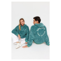 Trendyol Mint Oversize/Wide-Fit Hooded Long Sleeve Text Embroidered Plush Sweatshirt