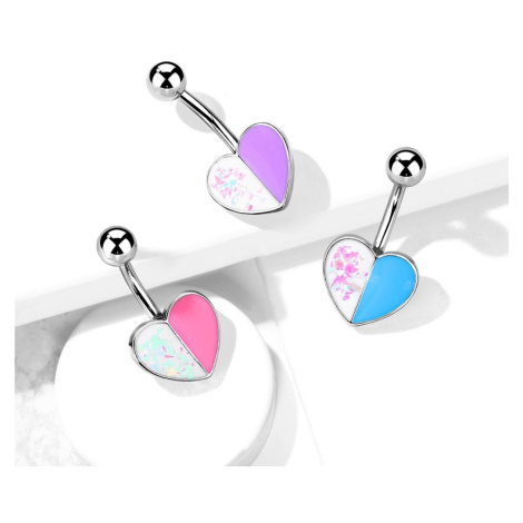 Ocelový piercing do pupíku ve stříbrné barvě - barevné srdce s odlesky - Barva: Růžová Šperky eshop
