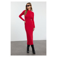 Trendyol Red Stand Collar Fitted/Fits Body Maxi Stretch Knit Dress