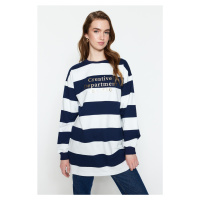 Trendyol Navy Blue Oversize Printed Knitted Striped Tunic