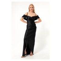 Lafaba Women's Black Thin Straps Double Breasted Neck Slit Long Evening Dress.