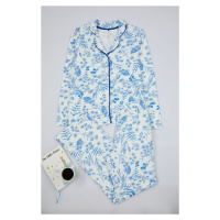 Trendyol Blue 100% Cotton Floral Piping Detailed Knitted Pajamas Set