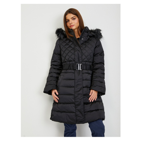 Černý dámský péřový zimní kabát s odepínací kapucí a kožíškem Guess Lolie