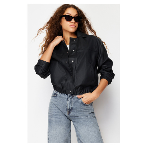 Trendyol Black Oversize Faux Leather Bomber Jacket Coat