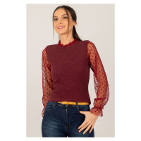 armonika Women's Burgundy Sleeve and Collar Tulle Ribbed Knitwear Sweater