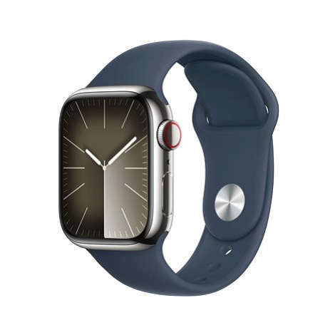 Apple Watch Series 9 41mm Cellular Stříbrný nerez s bouřkově modrým sportovním řemínkem - M/L