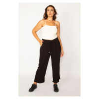 Şans Women's Black Woven Viscose Fabric Trousers with Elastic Waist And Lace Up Detail, Side Poc