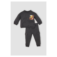 DEFACTO Baby Boy 2-Piece Set Crew Neck Printed Sweatshirt Elastic Waist Cargo Pocket Tracksuit B