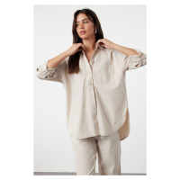 Trendyol Beige Linen Blend Oversize Striped Shirt