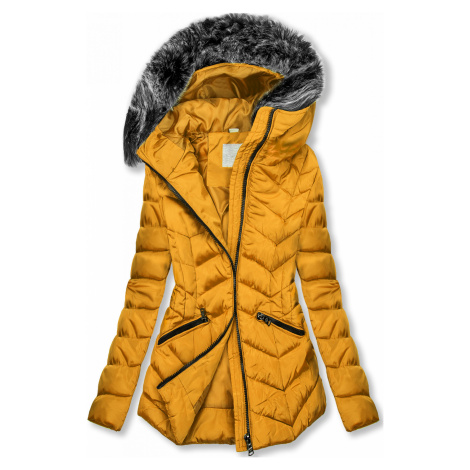 Žlutá zimní prošívaná bunda s nepravou kožešinou