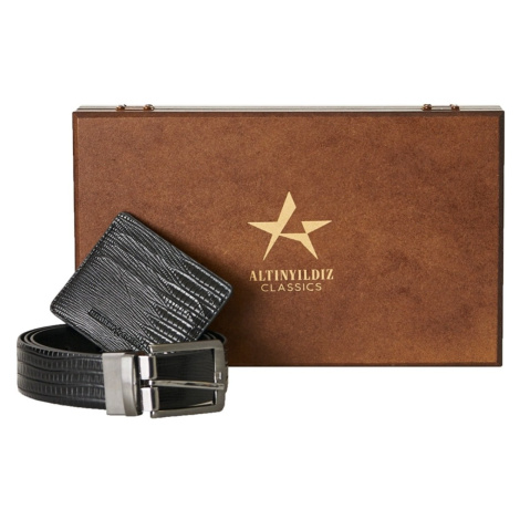ALTINYILDIZ CLASSICS Men's Black Special Wooden Belt with Gift Box - Card Holder Accessory Set G AC&Co / Altınyıldız Classics