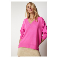 Happiness İstanbul Dámský růžový oversize pletený svetr s výstřihem do V