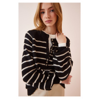 Happiness İstanbul Women's Black Buttoned Collar Striped Knitwear Sweater