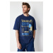 Trendyol Navy Blue Oversize/Wide Cut Headlight East Printed 100% T-Shirt