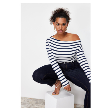 Trendyol Curve Navy Blue Striped Premium Soft Fabric Fitted Boat/Madonna Neck Stretchy Knitted B