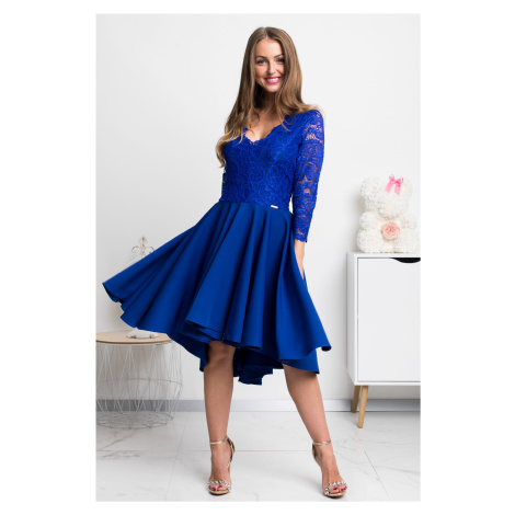 Modré asymetrické šaty s krajkou