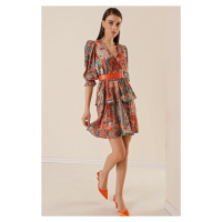 By Saygı Shawl Patterned Layered Satin Dress With Double Breasted Collar Waist Belt Lined Orange