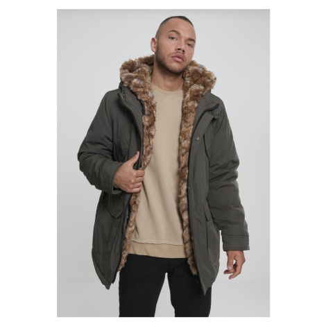 Pánská zimní bunda // Urban Classics Hooded Faux Fur Parka darkolive