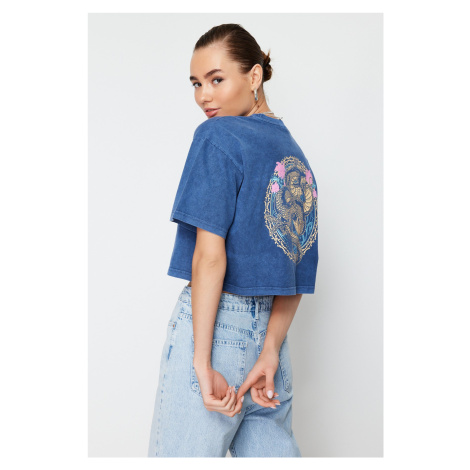 Trendyol Indigo 100% Cotton Faded Effect Back Printed Crop Crew Neck Knitted T-Shirt