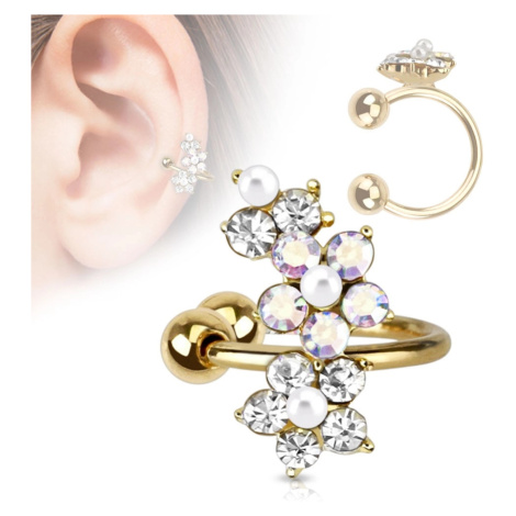Falešný piercing do ucha, kroužek z oceli 316L, zlatá barva, zirkonové kvítky Šperky eshop