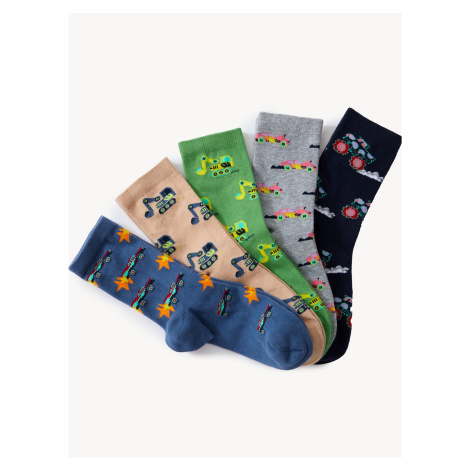 Sada pěti párů klučičích vzorovaných ponožek v tmavě modré, světle hnědé, zelené, šedé a černé b Marks & Spencer