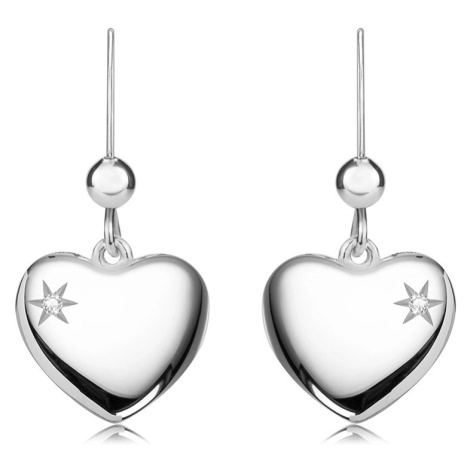Náušnice ze stříbra 925 - vypouklé srdce s hvězdicovým výřezem a čirým briliantem Šperky eshop