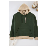 Trendyol Khaki Oversize/Wide Cut Hooded Fleece Inside Color Block Embroidered Sweatshirt