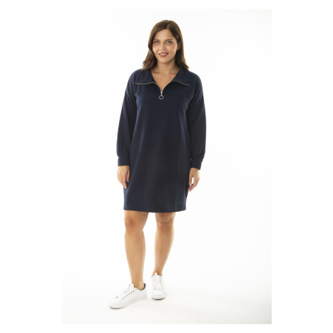 Şans Women's Plus Size Navy Blue Sweatshirt Dress with Zip down the front and a stand-up collar.
