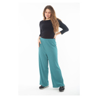 Şans Women's Plus Size Green Elastic Waist Wide Leg Crepe Trousers