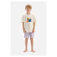 Dagi Ecru Boy's Slogan Printed Short Sleeve Pajama Set with Shorts