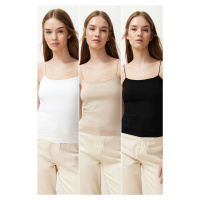 Trendyol Black-White-Beige 3-Pack Strappy Fitted Square Collar Flexible Knitted Tank Top