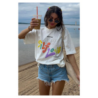 Madmext White Oversized Printed T-Shirt