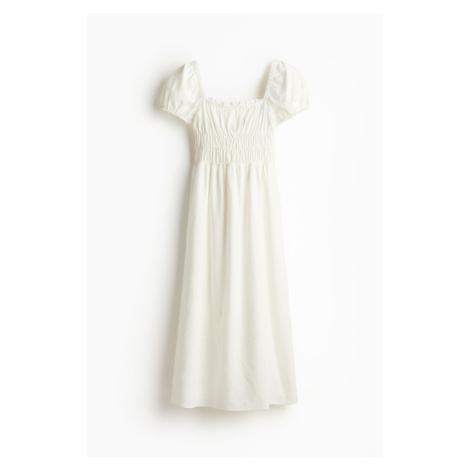 H & M - Šaty z lněné směsi's žabkováním v pase - bílá H&M