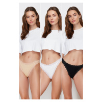 Trendyol Black-White-Nude 3-Pack 100% Cotton Ribbed Lace Detailed String Knitted Briefs
