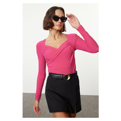 Trendyol Fuchsia Wadding Drape Detailed Fitted/Firming Flexible Snap Fasten Knitted Bodysuit