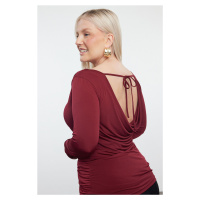 Trendyol Curve Claret Red Boat Neck Lace Back Knitted Plus Size Blouse