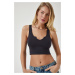 Happiness İstanbul Women's Anthracite Strap Crop Knitted Blouse