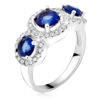 Prsten ze stříbra 925, zirkonové kruhy, tři modré kamínky