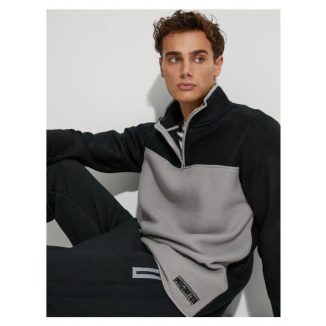 Koton Fleece Sweatshirt Half Zipper Color Block Slogan Detailed